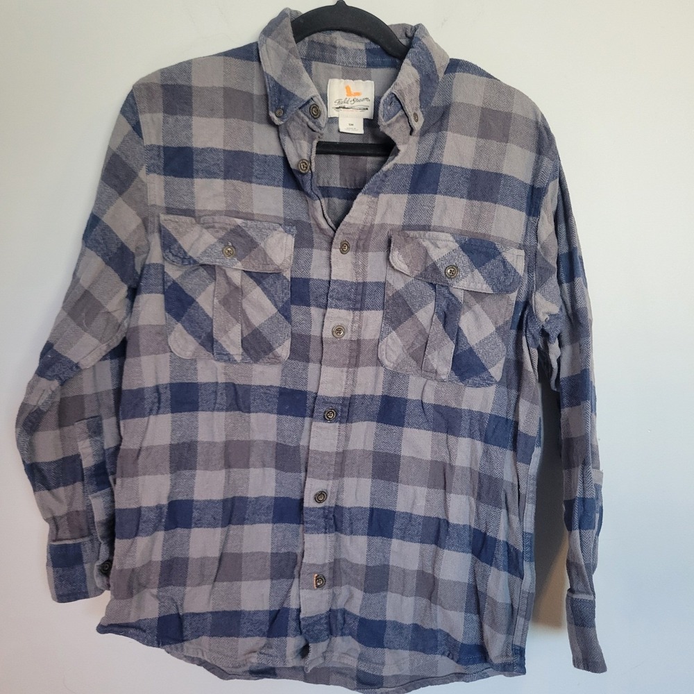 Field & Stream Mens Blue Gray Plaid Flannel Button Down Shirt Small 100% Cotton